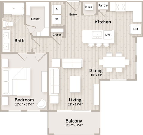 A3 floorplan which is a 1 bedroom, 1 bath apartment at The Parkway on Westlake, Humble, Texas